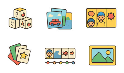 Colorful Storytelling Tools. Flat vector mini-illustrations Visual storytelling tools in colors children's