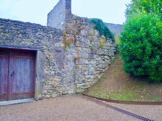 Mur en pierre ancien et porte en bois rustique dans un jardin européen.