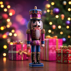 Colorful Christmas Nutcracker with Gifts and Festive Lights