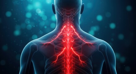 Detailed 3D rendering of the human spine showcasing neck pain and inflammation for medical illustration