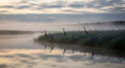 A serene flock of grey herons stands on a misty riverbank at dawn, their reflections cast in the calm, foggy water.