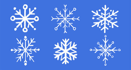 Chalk Snowflake Drawing Set in Crayon Texture. Cute Hand-Drawn Winter Elements for Christmas Clipart