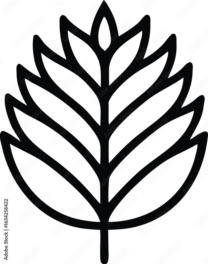 Poster stylized black and white outline of a botanical leaf with multiple layers and a central stem