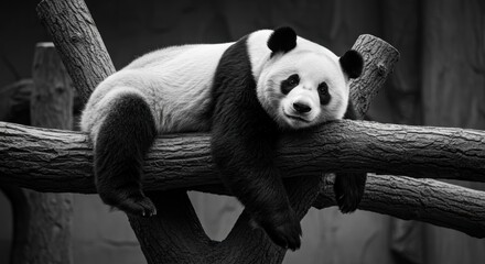 Monochrome panda portrait resting peacefully on a tree branch in a wildlife habitat