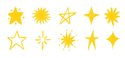 Crayon Star and Moon Doodle Set in Hand-Drawn Style. Includes Spark Yellow Stars