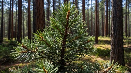 Close-up of a pine tree's lush green needles in a tranquil forest setting.