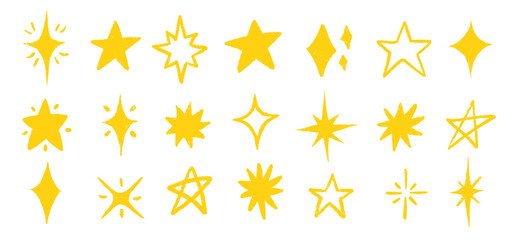 Crayon Star and Moon Doodle Set in Hand-Drawn Style. Includes Spark Yellow Stars