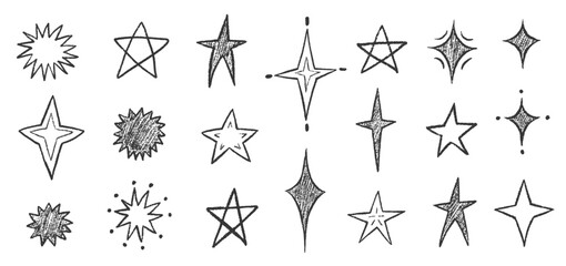 Crayon Star Doodle Set in Hand-Drawn Style. Includes Spark Stars,