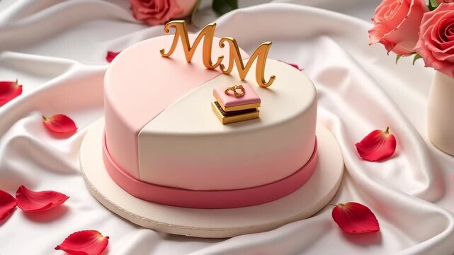 Elegant cake with mm initials and ring box on a white cloth surrounded by pink roses and petals