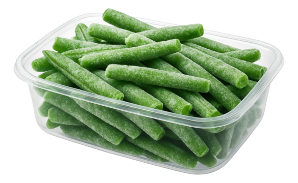 Frozen green pepper cubes scattered on a white background, each piece uniformly diced for even cooking.