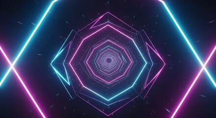 Neon Light Tunnel with Futuristic Hexagonal Shapes in Blue and Pink Colors