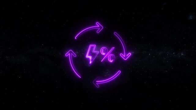 Neon Purple Lightning Bolt Percent Symbol with Circular Arrows in Starry Night Sky Animation