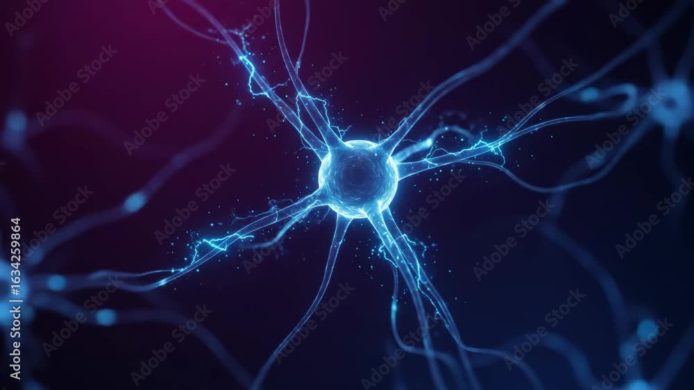 Poster neuron network: glowing synaptic connections - microscopic view of a neuron cell, its glowing axon a