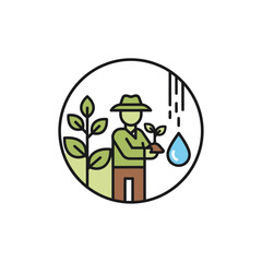 Farmer with a seedling, raindrop, and green leaves—nurturing nature in a circle of life, one drop at a time. 