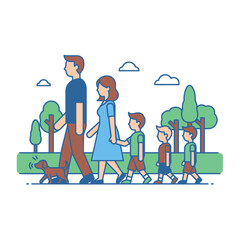 Happy family strolls through the park—mom, dad, three kids, and a wagging dog, all in sync with nature’s calm and the joy of togetherness.