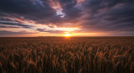 Obraz premium Golden Wheat Field at Sunset with Dramatic Sky