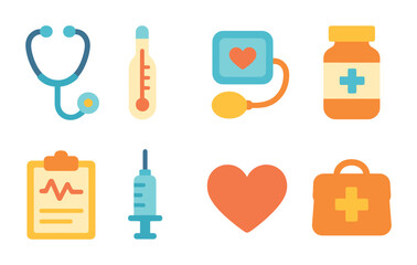 Children's Health Icons. Flat vector mini-illustrations routine health checkup in colors children's