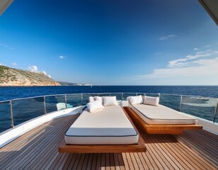 Fototapeta premium comfortable lounge beds on a luxurious yacht sundeck provide a relaxing space for enjoying breathtaking ocean views