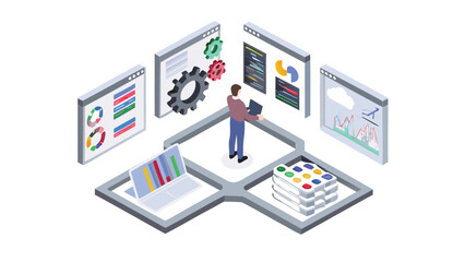 Isometric illustration of a developer working with data visualizations and code on multiple screens