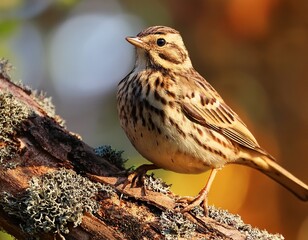 Fototapeta premium tree pipit anthus trivialis sitting on a tree branch in the sunlight