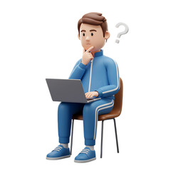 A cartoon man sitting on a chair with a laptop is thinking isolated on transparent background on transparent background