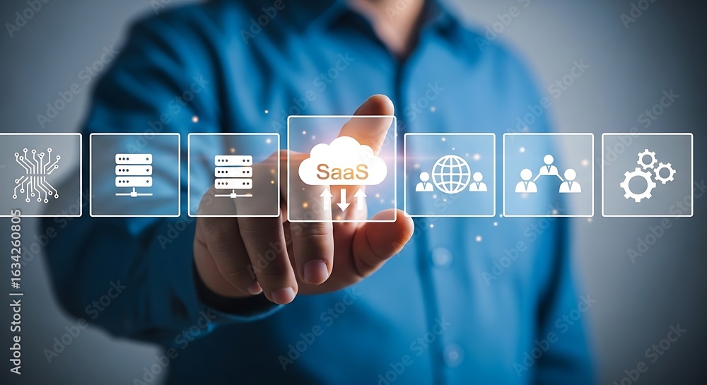 Poster hand touching cloud software interface technology cloud computing
