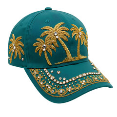 Turquoise baseball cap with palm tree embroidery and rhinestones isolated on transparent background on transparent background