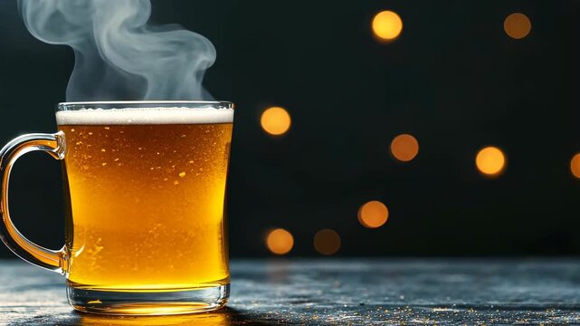 Steaming beer mug against a dark backdrop with bokeh lights