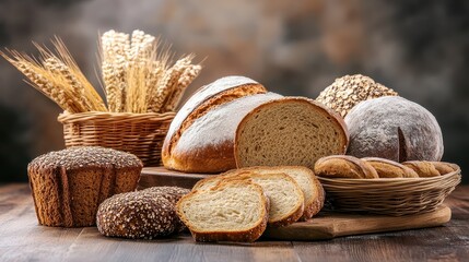 Freshly Baked Bread and Wheat Ears on Rustic Wooden Table