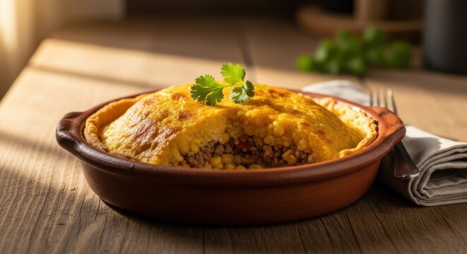 Hearty Pastel de Choclo in a Rustic Clay Dish, Bathed in Warm Light