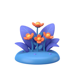 Cartoon flowers with orange petals and blue leaves on a blue base isolated on transparent background on transparent background