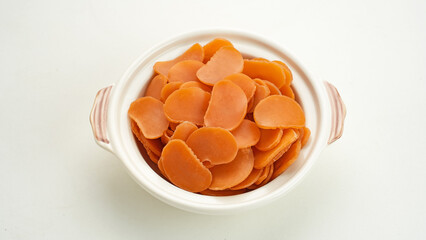 Raw dried prawn crackers or Kerupuk udang mentah, Indonesian food
