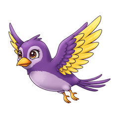 Cute cartoon bird with purple body and yellow wings in flight isolated on transparent background on transparent background