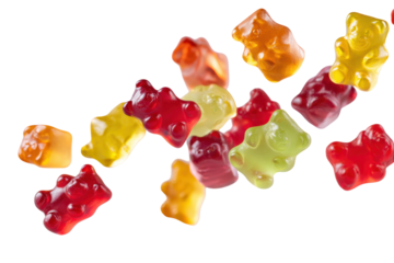 Colorful gummy bears falling in slow motion on a white background during a playful candy-themed event