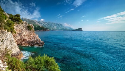 rocky coast of montenegro along the adriatic sea showing rugged cliffs and lush vegetation