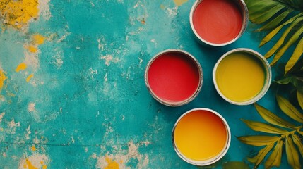 Vibrant paint cans on turquoise textured background with tropical palm leaves, showcasing creative color palette and artistic workspace
