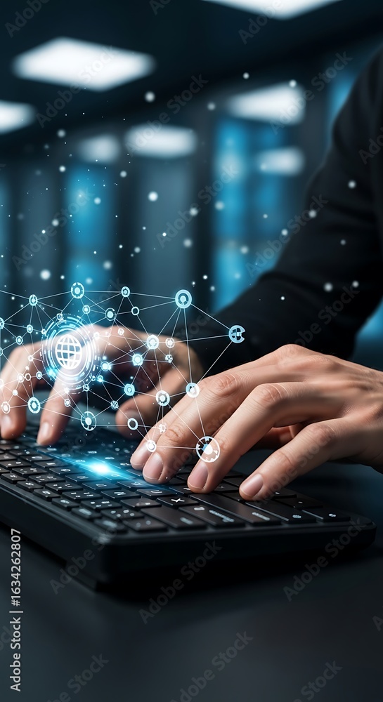 Poster dynamic digital network connections visualized as a person types on a modern keyboard, symbolizing g