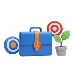 Blue briefcase with target and plant isolated on transparent background 3d rendering concept on transparent background