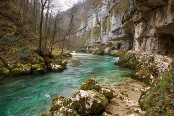 River Flowing Through a Rocky, Moss-Covered Gorge