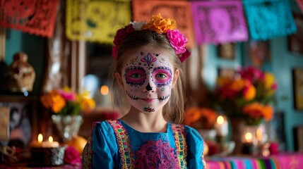 Vibrant Día de los Muertos celebration scene with traditional sugar skull makeup, colorful decorations, and festive atmosphere capturing cultural heritage and remembrance