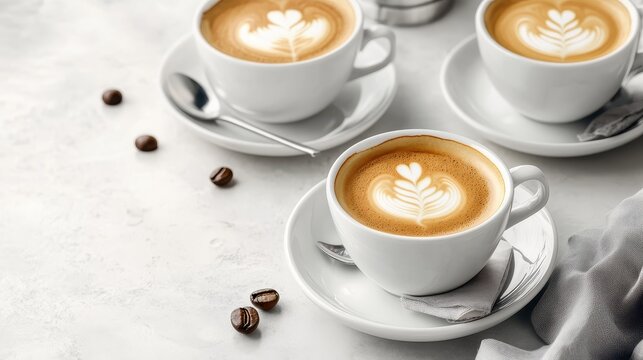 Three Elegant Cups of Coffee with Latte Art on a Light Surface - Powered by Adobe