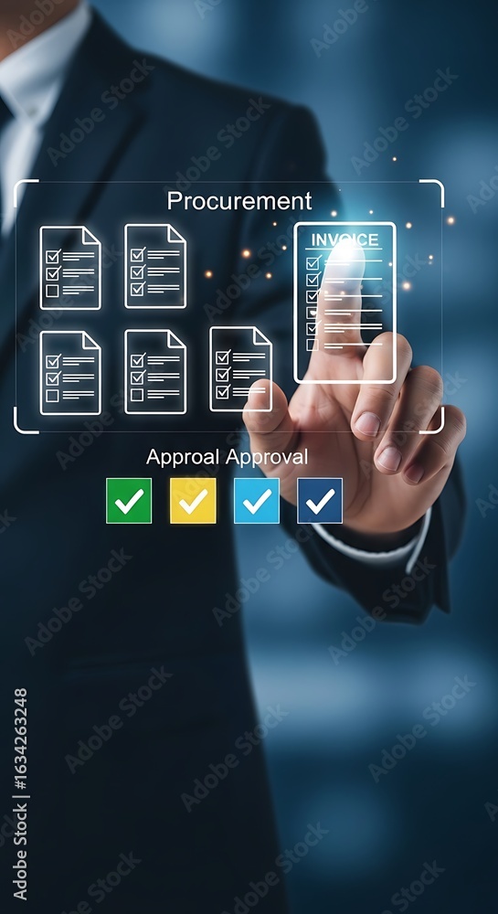 Poster business professional digitally managing procurement tasks and approvals with checklist interface, o