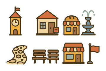 Obraz premium Charming Small Town Icons. Flat vector mini-illustrations iconic small-town elements in colors children's