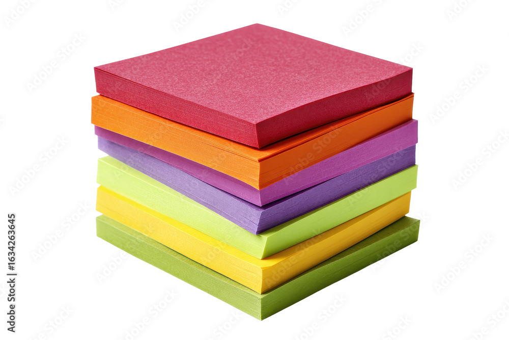 Poster colorful stack of sticky notes in various shades arranged neatly on a white background, ideal for or