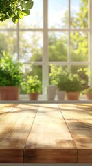 Sunlight streams through a bright window, illuminating a rustic wooden table with potted green plants blurring softly in the background, creating a serene and peaceful indoor garden atmosphere.