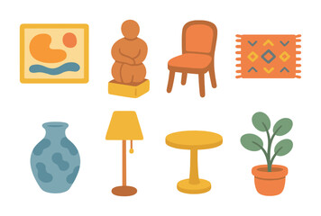 Fototapeta premium Children's Home Decor Icons. Flat vector mini-illustrations artistic home decor in colors children's