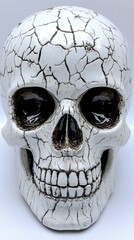 Cracked white ceramic skull sculpture with intricate texture, dark eye sockets, and detailed dental structure against a neutral background