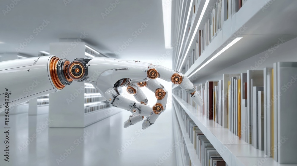Poster robot hand reaching for a book on a shelf in a futuristic library environment with bright lighting a