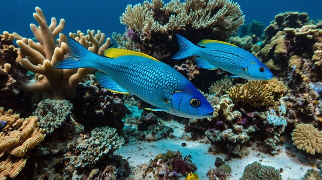 Two vibrant bluefish swim gracefully among coral reefs, showcasing their striking colors in a serene underwater world.