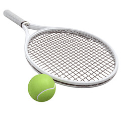 Realistic 3D render of a tennis racket and green tennis ball, isolated on transparent background .